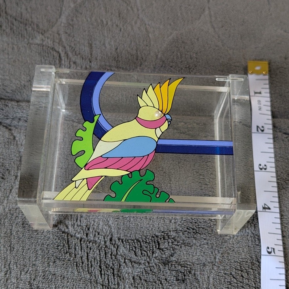 RUSS Vintage Cockatiel Bird Acrylic Box Trinket Dish Clear Jewelry Case